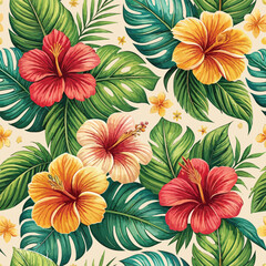 Tropical Hibiscus Flower and Leaf Pattern floral