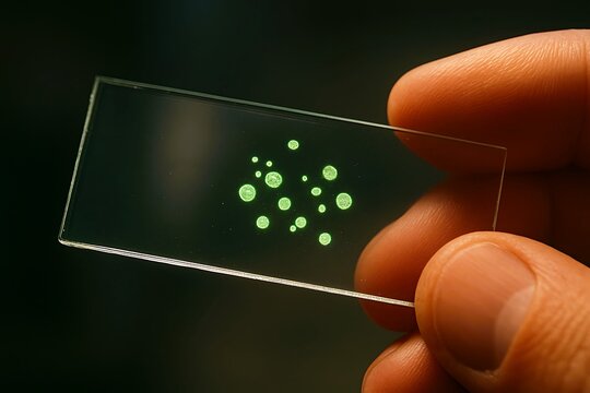 A hand holds a transparent glass slide showing glowing green spots, symbolizing microscopic analysis, lab research, and scientific discovery.