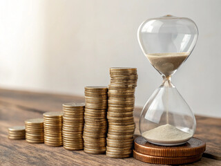 Stolen coins and an hourglass on a table.