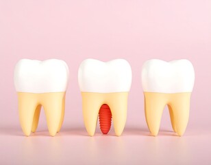 Three teeth, one with a dental implant, on a pink background
