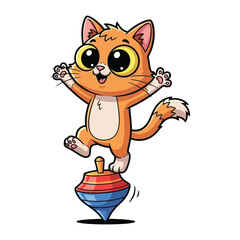  Whimsical feline acrobat: An animated cat showcases balance by joyfully standing atop a spinning top, creating an adorable and playful illustration.