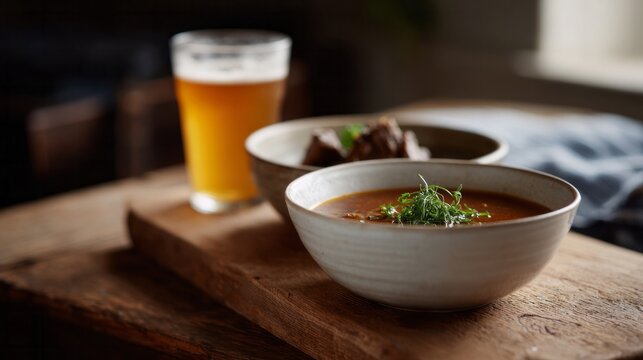 Seasonal root vegetable soup exudes umami warmth beside autumnal brew, perfect for Samhain and Oktoberfest gatherings