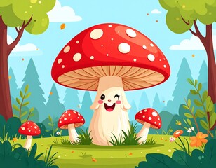 Cute mushroom in a forest scene