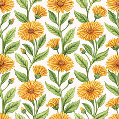 Yellow Calendula Flower Pattern with Green Stems marigold