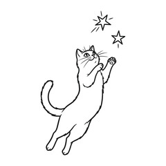 Celestial Cat Capers: A charming line art drawing of a playful cat leaping to catch a twinkling star, set against a bright background.