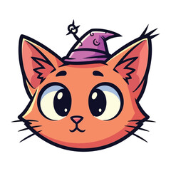 Fototapeta premium Magical Cat Icon: An adorable cartoon cat, adorned with a whimsical wizard hat, embodies a sense of playful charm and enchantment. Capturing the essence of fantasy and fun in a simple, graphic format.