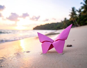Pink Origami Butterfly on Beach at Sunset