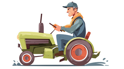 A stylized vector illustration depicts a senior man with gray hair, wearing a blue jacket, a scarf, and a baseball cap, driving a light green tractor. The tractor is detailed, showcasing its