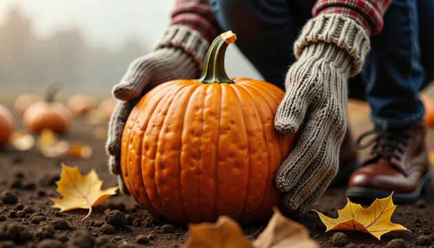 Hands picking pumpkin from ground surrounded by autumn leaves  