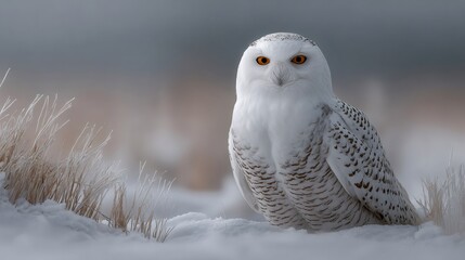 Snowy owl hunting in winter snow landscape