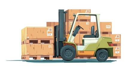 A digital illustration depicting a light green and white forklift positioned next to several stacks of cardboard boxes on wooden pallets. The forklift is shown in a side profile view