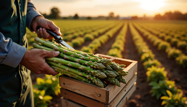 Hands picking vegetables in a field at sunset with asparagus  