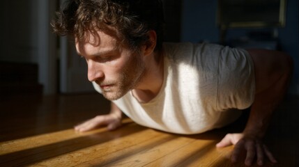 Obraz premium A focused Caucasian male engaging in meditative push-ups, basking in golden light during World Wellness Weekend