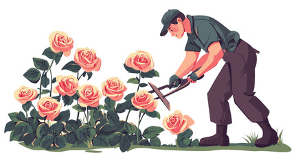 An illustration depicting a man pruning a bush of light orange roses with gardening shears.  The style is illustrative, with a slightly painterly, flat quality. The color palette is warm and