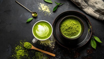 Top view of matcha preparation set, traditional bamboo whisk (chasen), matcha bowl with green tea powder, bamboo scoop (chashaku), and small sifter on a clean white background, minimalist flat lay