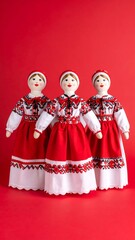 Three traditional dolls in vibrant red and white costumes