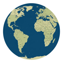 A detailed political world map projection showing continents, oceans, and country borders centered on the Atlantic Ocean.