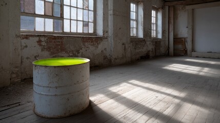 Naklejka premium A solitary, neon-hued barrel punctuates an abandoned factory, echoing industrial nostalgia, urban decay photography, and World Environment Day
