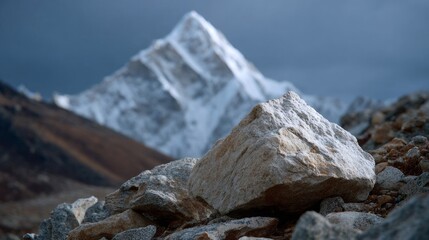 Rugged stones bask under the ethereal gaze of snow-capped giants, echoing Earth's raw truth, akin to International Mountain Day