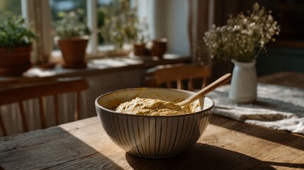 Creamy golden hummus basking in sunlit kitchen, embracing Mediterranean nostalgia, perfect for International Hummus Day feasts