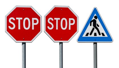 Three traffic signs on white background