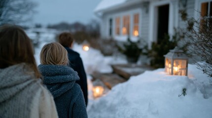 Snow-clad lantern-lit cottage walk, Nordic coziness, winter nostalgia, Scandinavian white female adolescents embrace Julfest warmth, hygge delight