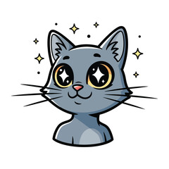 Enchanting Cat's Gaze: A charming illustration of a cat with captivating, sparkling eyes, radiating joy and whimsy, set against a clean backdrop.