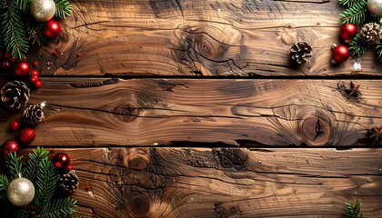 Christmas ornaments on rustic wooden planks