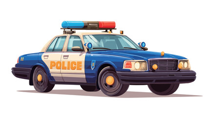 A digital illustration of a cartoon police car. The car is primarily blue and white with a cartoonish style. It features a light bar with flashing red and blue lights on the roof. 