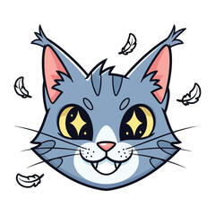 Whimsical feline portrait: An adorable illustrated cat with a cheerful grin and sparkling eyes, surrounded by delicate feathers, is the perfect blend of charm and joy.