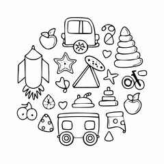 Circular collection of children's toys and objects.
