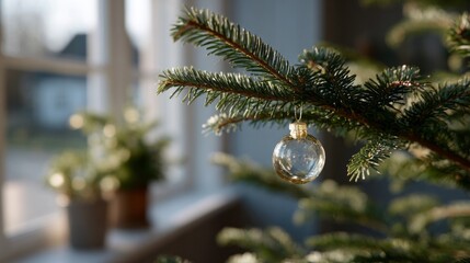 Twinkling bauble nestles on verdant fir branch, whispering Yule tidings and Solstice enchantments, a wintry embrace of home
