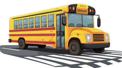 The image is a digital illustration of a yellow school bus crossing a pedestrian crossing. The bus is depicted in a cartoon style, with a simplified design. It is positioned centrally on a white