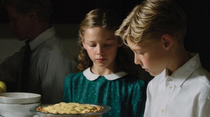 Children, a Caucasian boy and girl, solemnly contemplate a homemade pie, invoking nostalgia and the essence of National Pie Day
