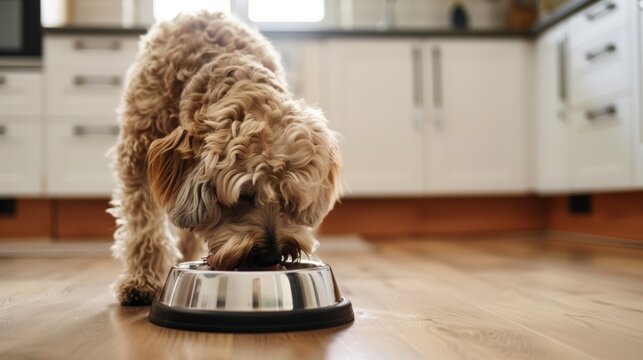 A small, light brown dog eats from a stainless steel bowl in a modern kitchen. The floor is wooden, and the kitchen has white cabinets. - Powered by Adobe