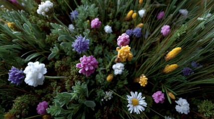 Obraz premium Vibrant wildflowers bloom in a chaotic meadow dance, evoking Beltane celebrations and secret garden whispers beneath twilight hues