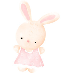 A simple, charming pink rabbit plush toy wearing a cute dress with floral details.


