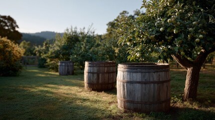 Serene apple orchard with rustic barrels, essence of autumn harvest festival, nostalgic cider brewing, shadow-dappled tranquility