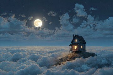 A wooden house sits atop a hill surrounded by clouds under a full moon Stairs lead up to it