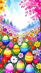 Colorful Easter scene with vibrant flowers and eggs