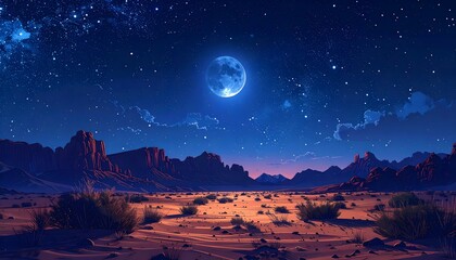 Mystical Desert Night Landscape with Bright Full Moon and Starry Sky Over Arid Rock Formations