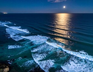 Moonlit ocean waves from high above