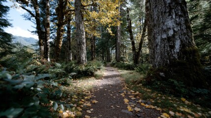Fototapeta premium Serene woodland path adorned with golden leaves, whispering tales of folklore, Celtic Samhain, and autumnal equinox magic
