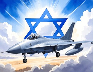 Fighter jet over clouds with starburst background