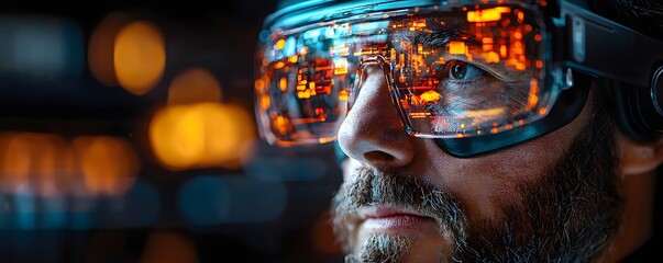 Man wearing futuristic glasses displaying complex digital data visualizations with glowing orange circuits