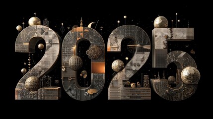 Architectural 2025 with spheres set against a stark black background