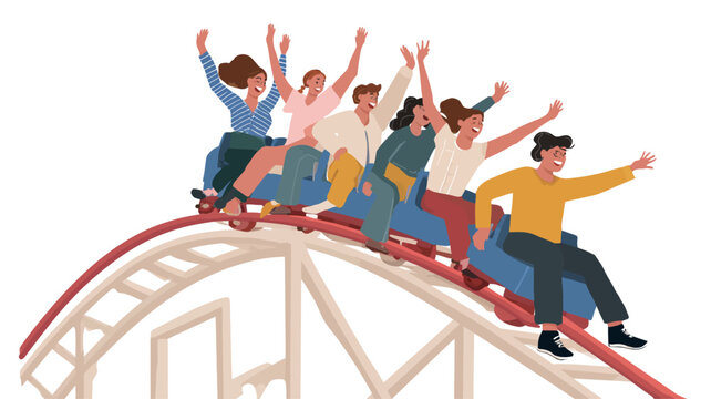 A vector illustration depicting a group of diverse friends joyfully riding a roller coaster. The illustration is in a cartoon style with flat colors. The friends are depicted with their arms