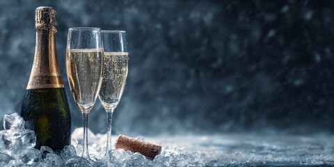 Champagne bottle  two glasses sit on ice with a cork against a blurry background resembling rain or snowfall