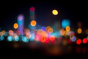 City lights bokeh A blur of colorful circular lights at night create an abstract cityscape