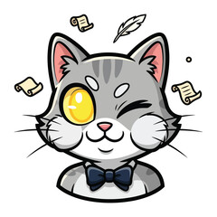 Whimsical Writer Cat: A charming cartoon cat, donning a smart bow tie and a winking eye, surrounded by floating scrolls and a feather, suggesting a flair for creativity. 